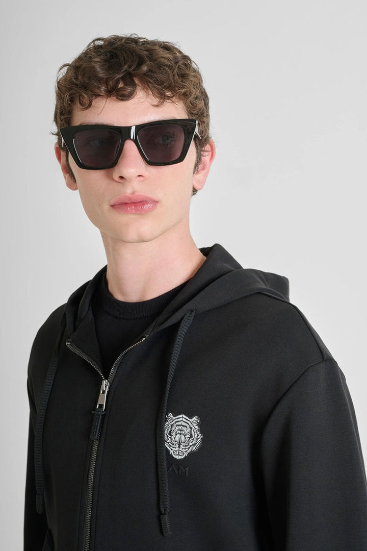 Felpa uomo nera con cappuccio e zip