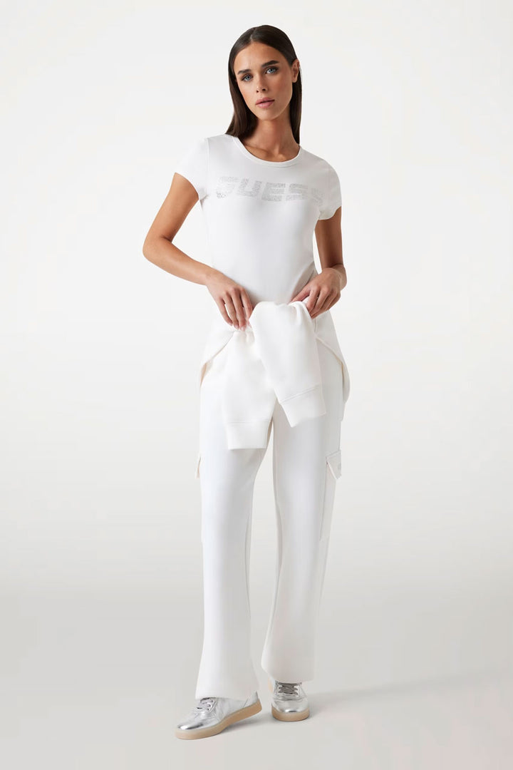 T-shirt panna con logo strass Guess