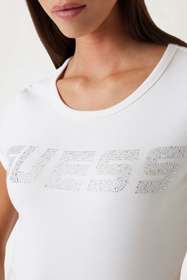 T-shirt panna con logo strass Guess