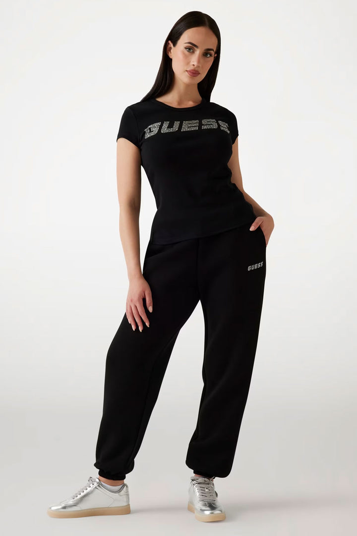 T-shirt nera con logo strass Guess