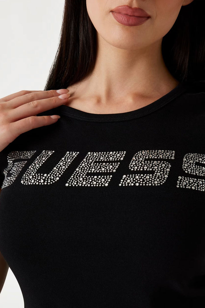 T-shirt nera con logo strass Guess