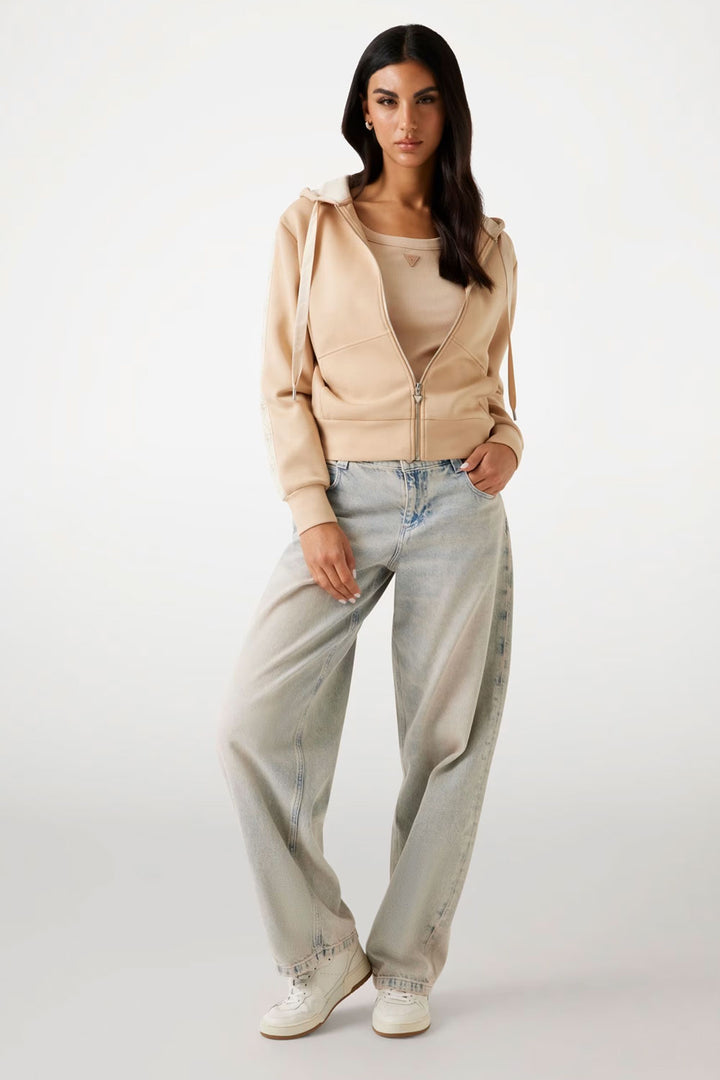 Felpa beige con cappuccio e zip Guess